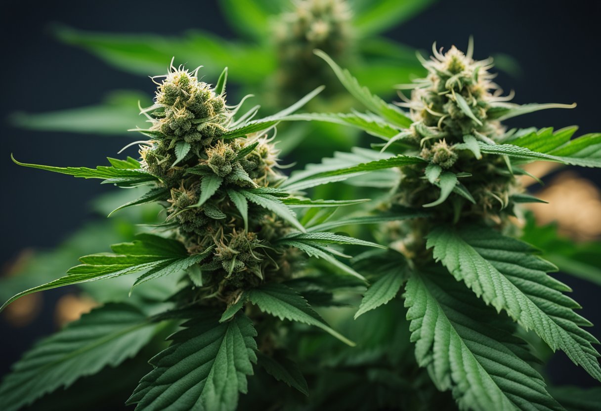 A cannabis plant split in half, one side with high-THC buds, the other with high-CBD buds, surrounded by a variety of cannabis leaves