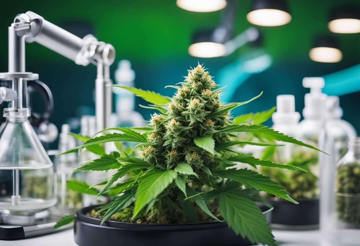 A lush cannabis plant with vibrant green leaves and resinous buds, surrounded by a variety of lab equipment and scientific instruments