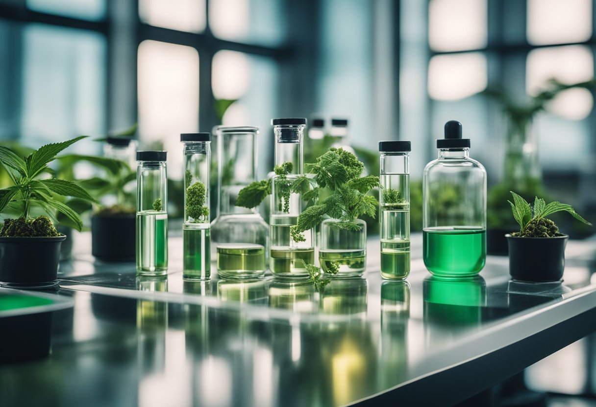 A lab table with vials of high-THC and high-CBD strains, surrounded by scientific equipment and plants