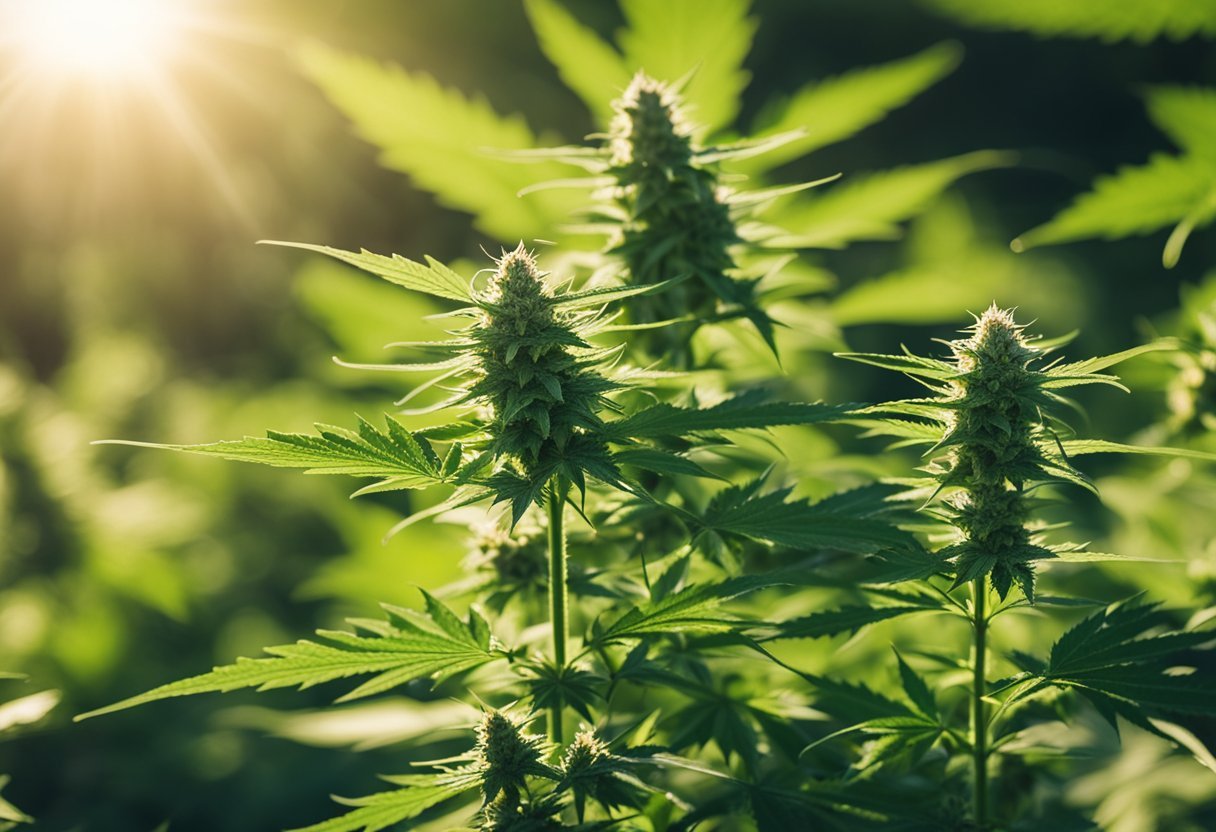 A lush garden of cannabis plants, some with high-THC buds and others with high-CBD flowers, basking in the warm sunlight of a clear day
