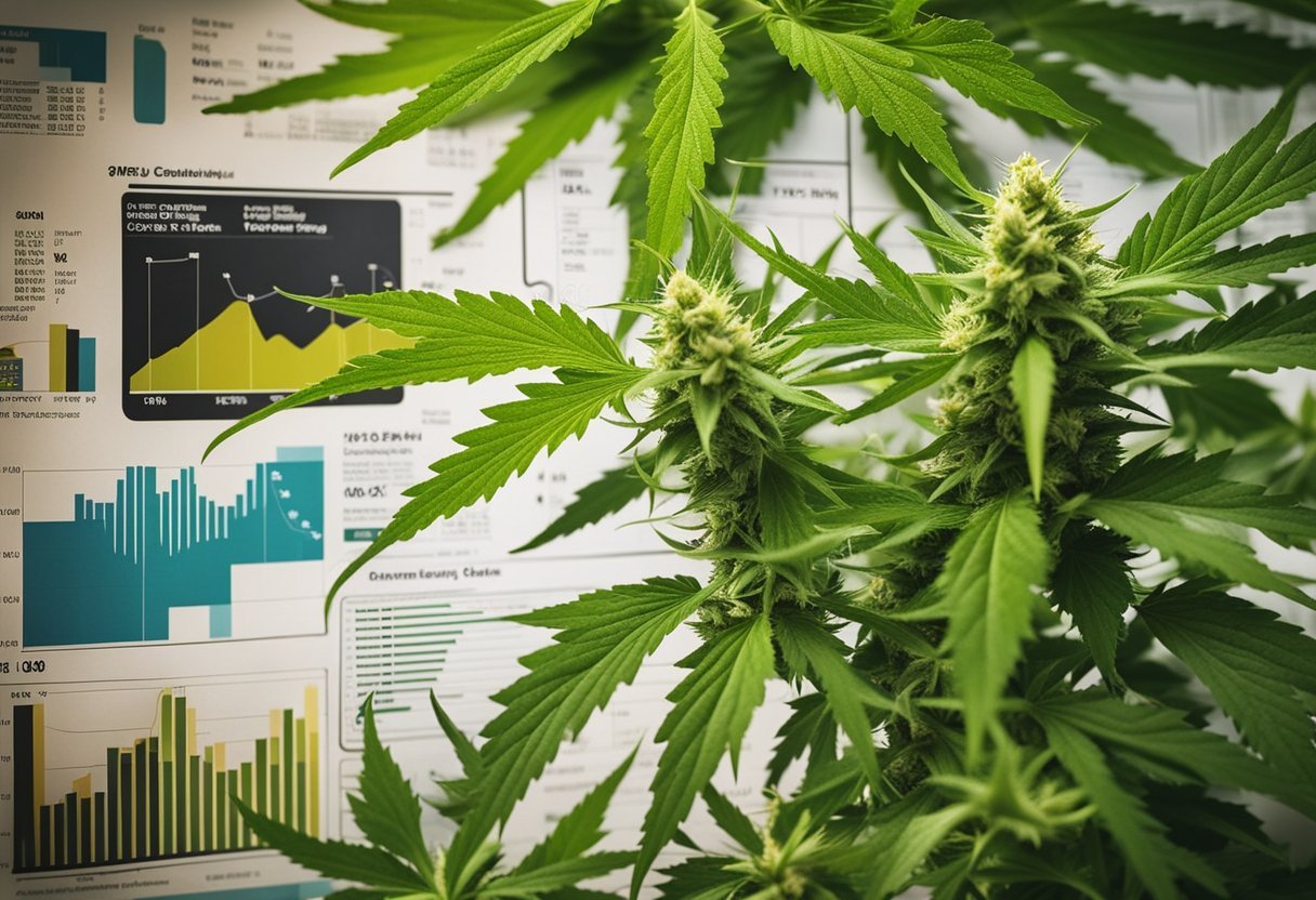 A colorful array of cannabis plants, some with high-THC buds and others with high-CBD flowers, surrounded by informative charts and graphs