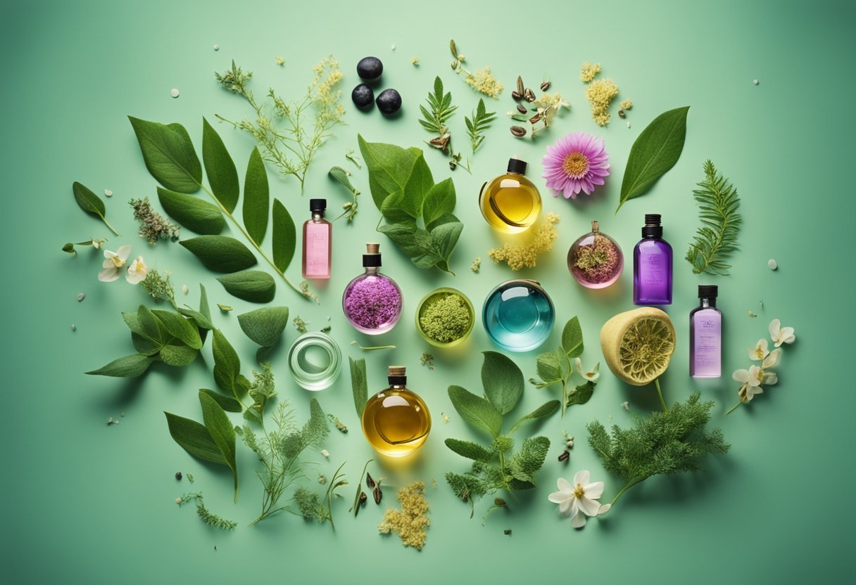 A colorful array of botanicals emitting various scents, surrounded by swirling arrows and scientific instruments