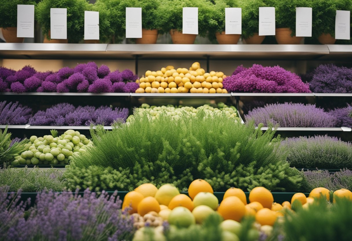 A variety of aromatic plants and fruits, such as lavender, citrus, and pine, emitting their distinct scents into the air