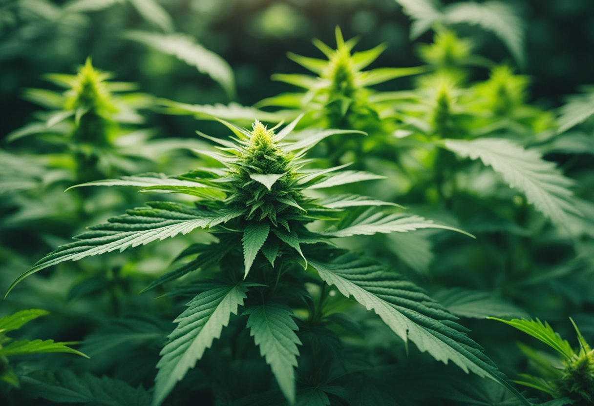 A lush, vibrant cannabis plant surrounded by various aromatic herbs and fruits, emitting a complex and alluring scent