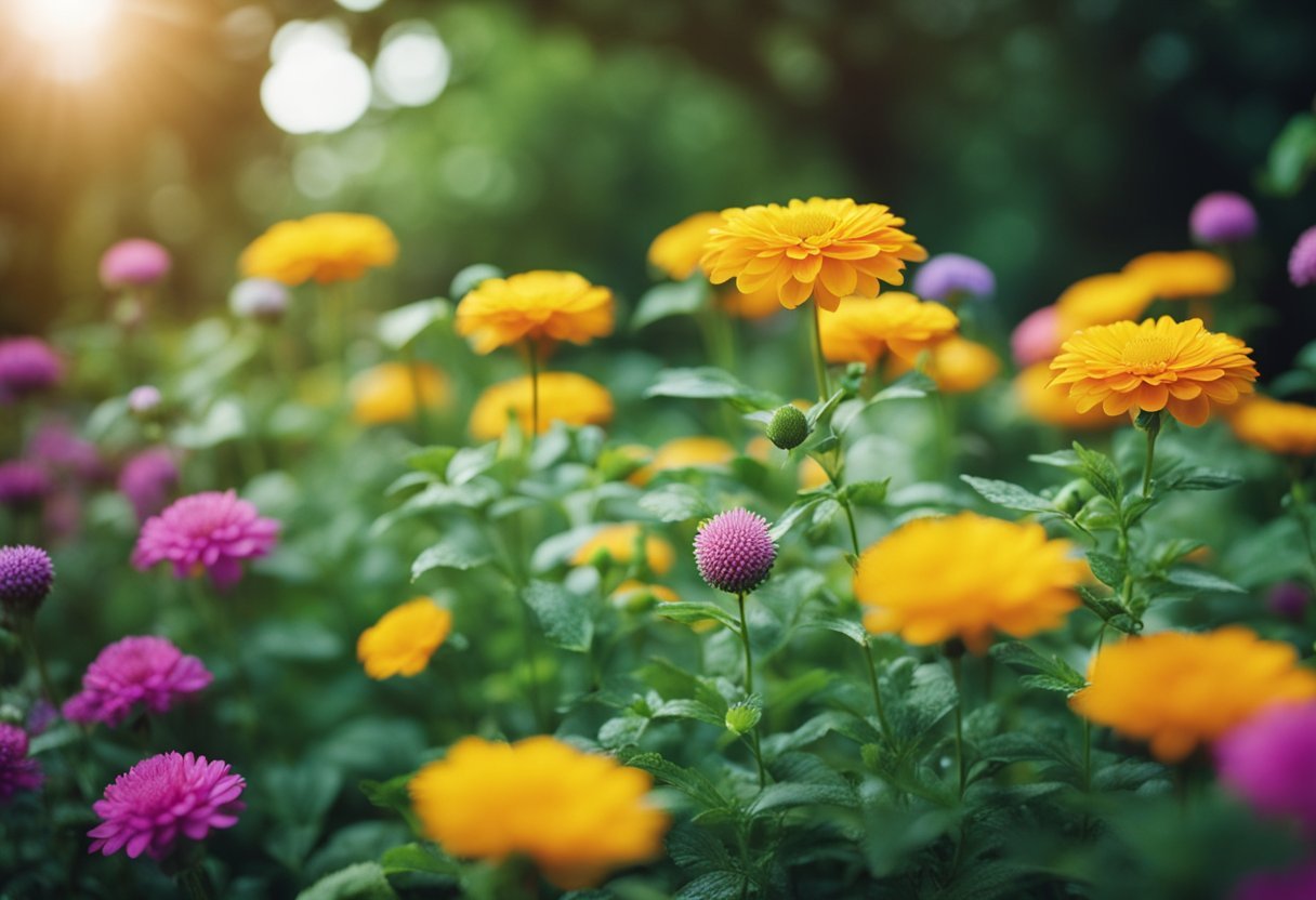 A vibrant garden of diverse plants emits fragrant terpenes, with colorful flowers and lush foliage creating a sensory feast