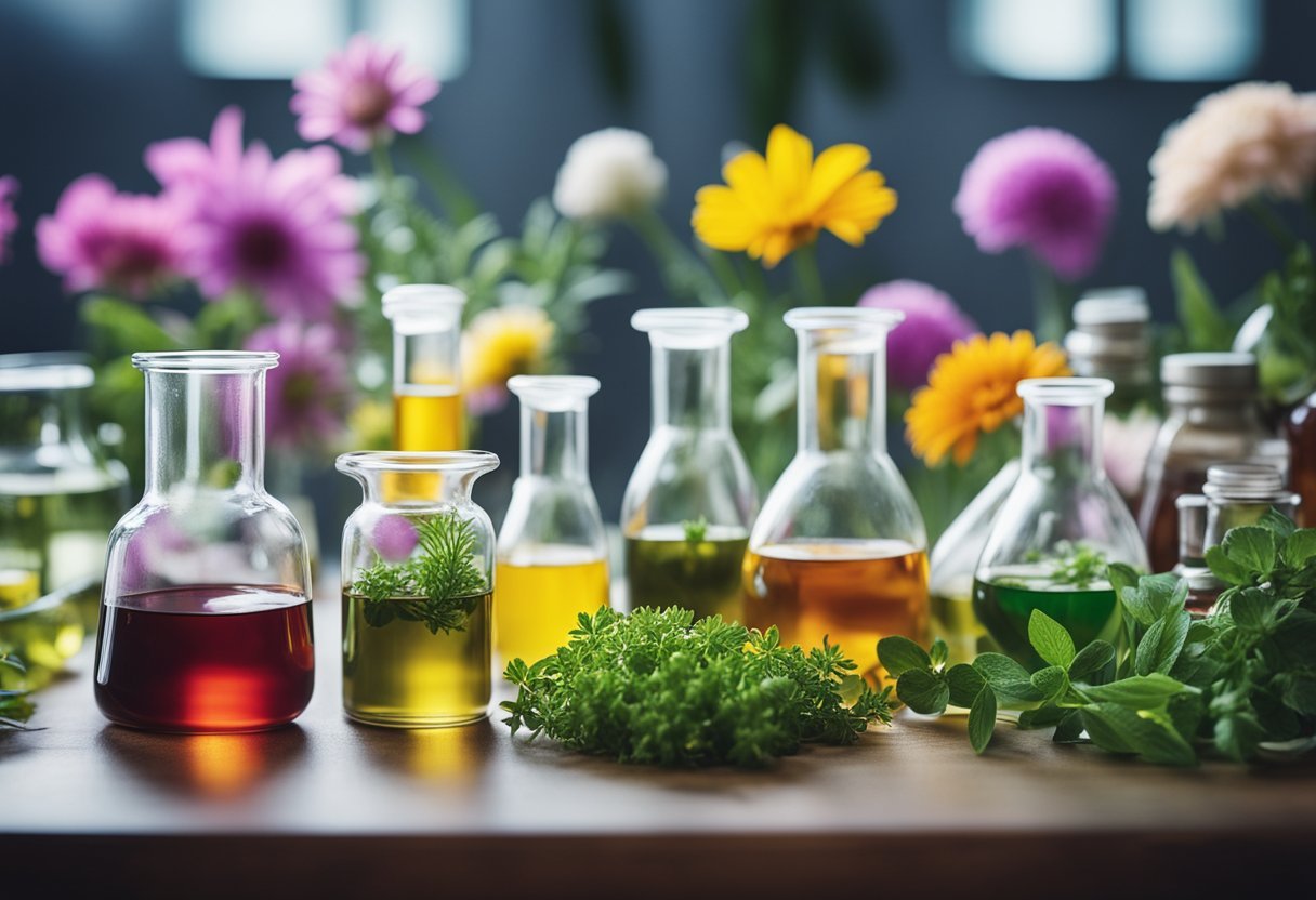 A laboratory table with various vials and beakers containing different colored liquids, surrounded by fresh herbs and flowers