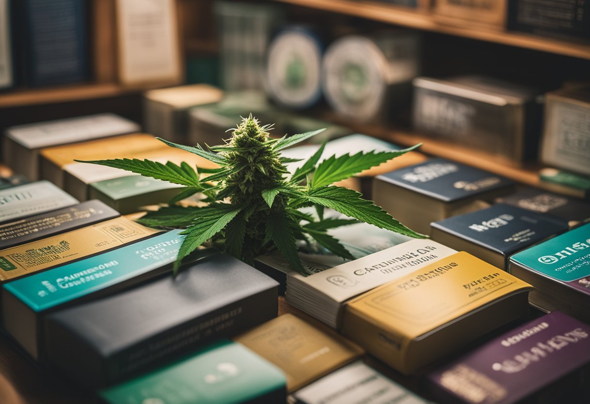 A colorful array of cannabis plants and products, labeled with various terminology, surrounded by informative books and guides