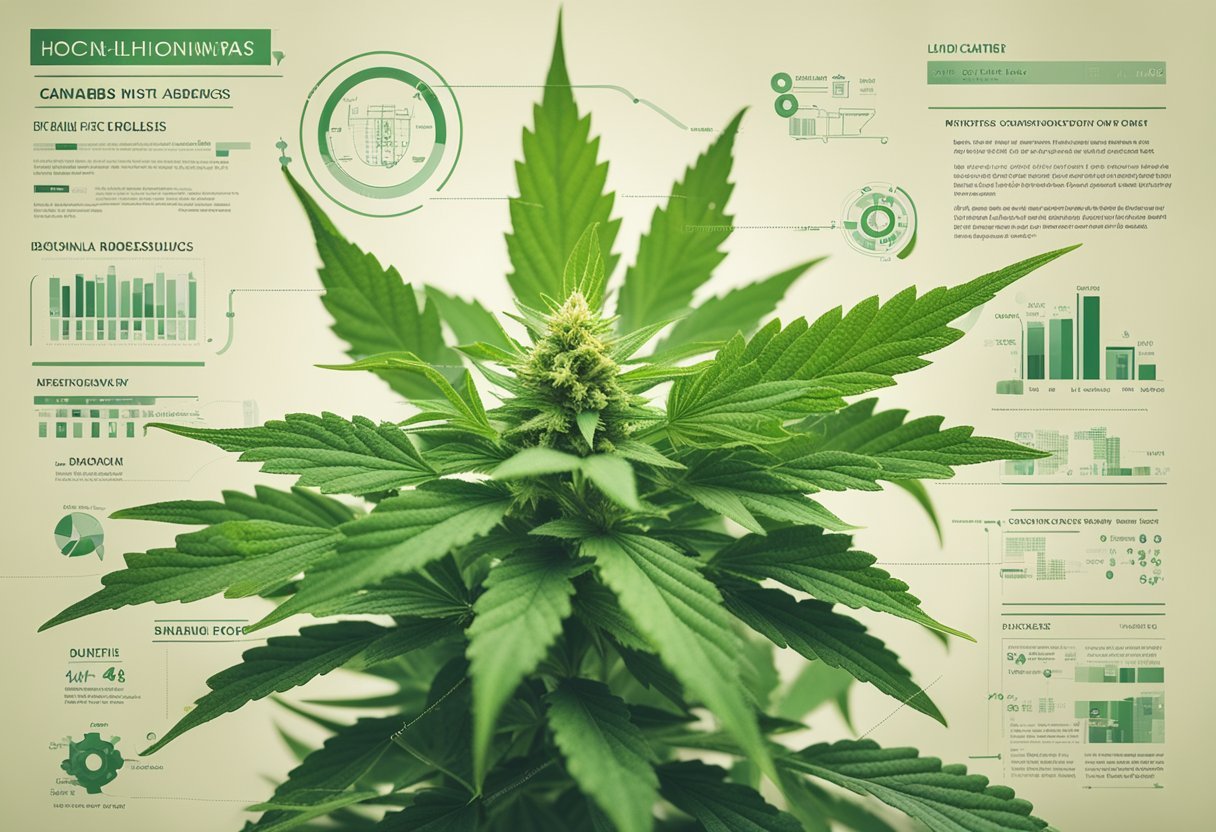 A cannabis plant surrounded by labeled diagrams of its parts and components