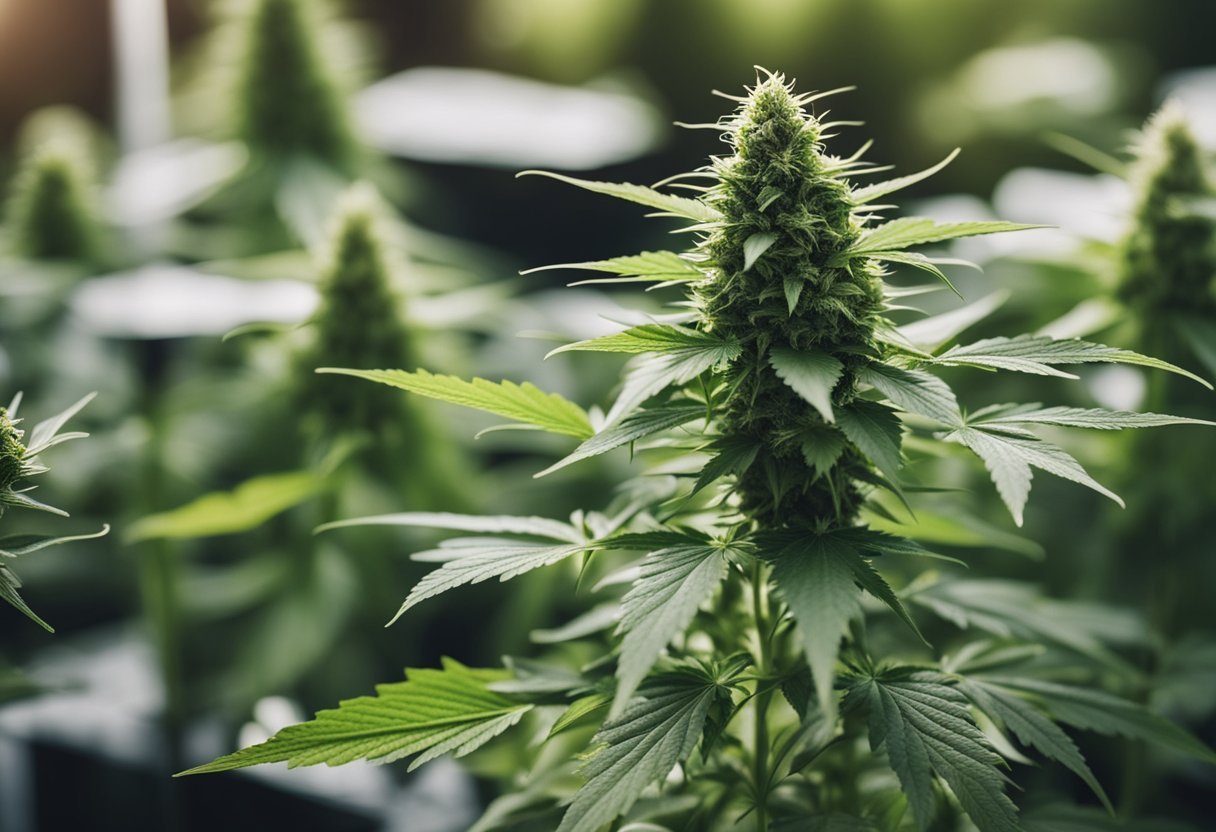 A cannabis plant surrounded by labeled parts and related objects