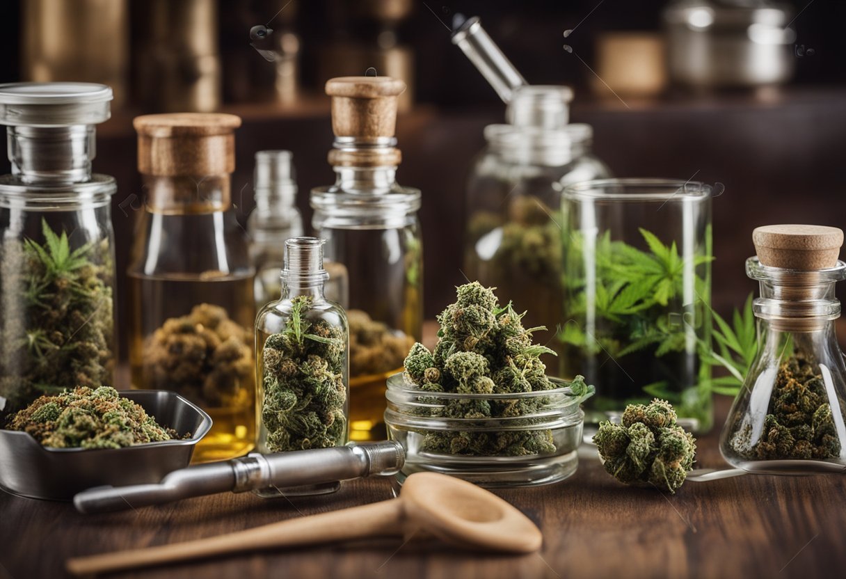 A variety of cannabis consumption methods displayed, including pipes, bongs, vaporizers, edibles, and tinctures