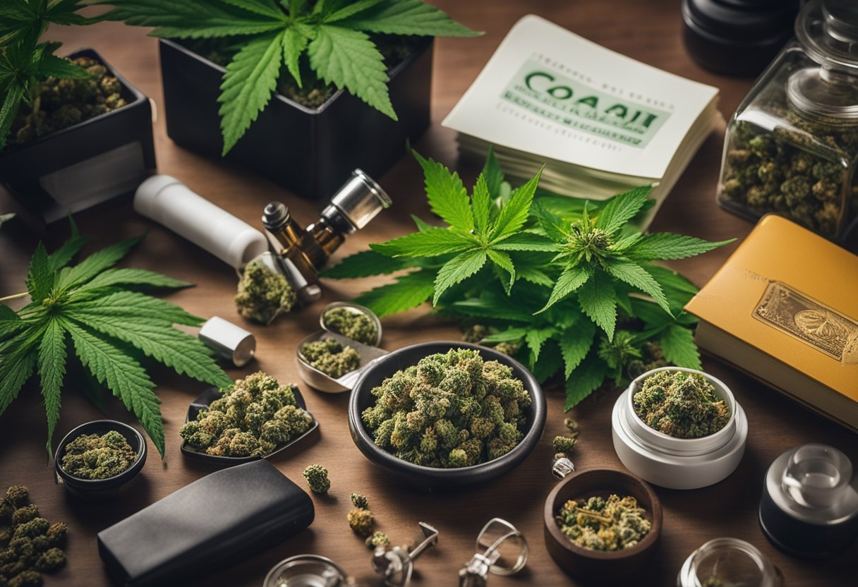 A colorful array of cannabis-related objects and plants arranged on a table, including a variety of strains, smoking accessories, and educational literature