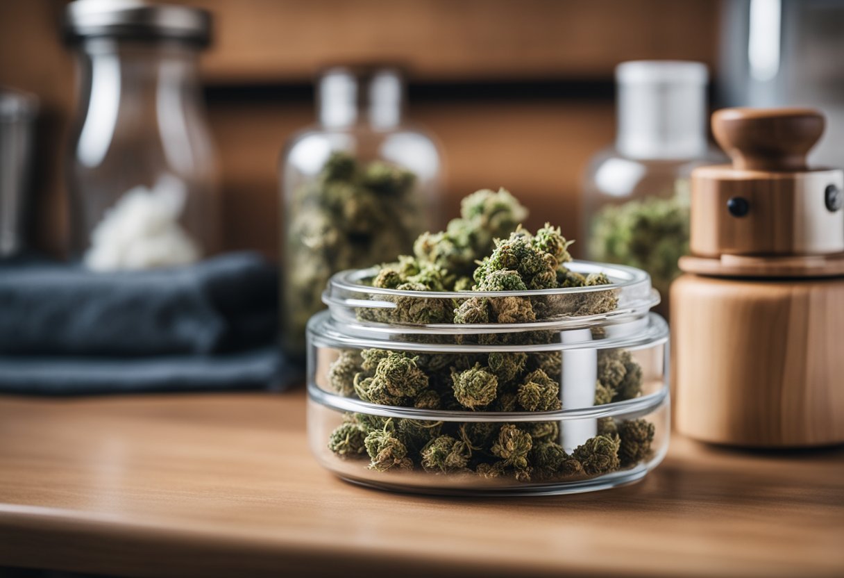 A wooden grinder sits on a clean, organized countertop next to a glass jar filled with fresh cannabis buds. Airtight containers and humidity packs are neatly arranged nearby for proper storage