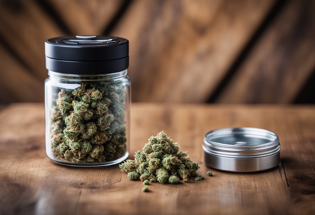 A hand grinder sits on a wooden table next to a glass jar filled with ground cannabis. Airtight containers and humidity packs are nearby for proper storage