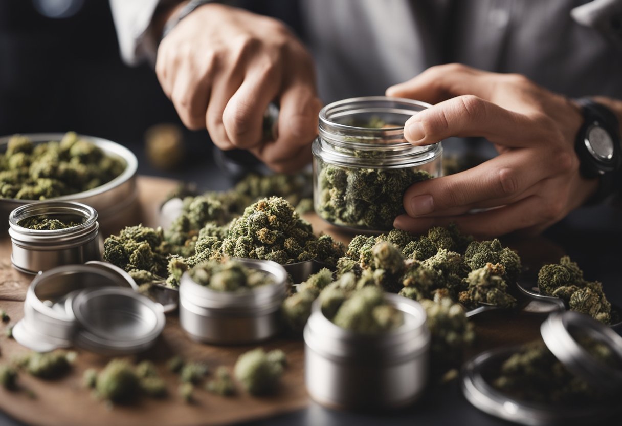 A person using a grinder to break down cannabis buds, then transferring the ground material into a variety of storage containers, such as glass jars and airtight containers, to preserve freshness