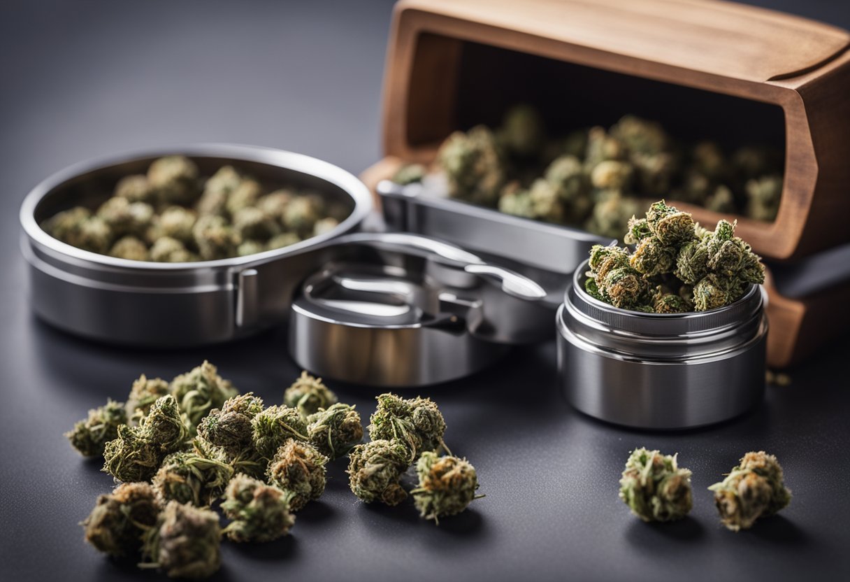 A table with rolling papers, a grinder, and a container of cannabis buds. A lighter and a rolled joint sit nearby