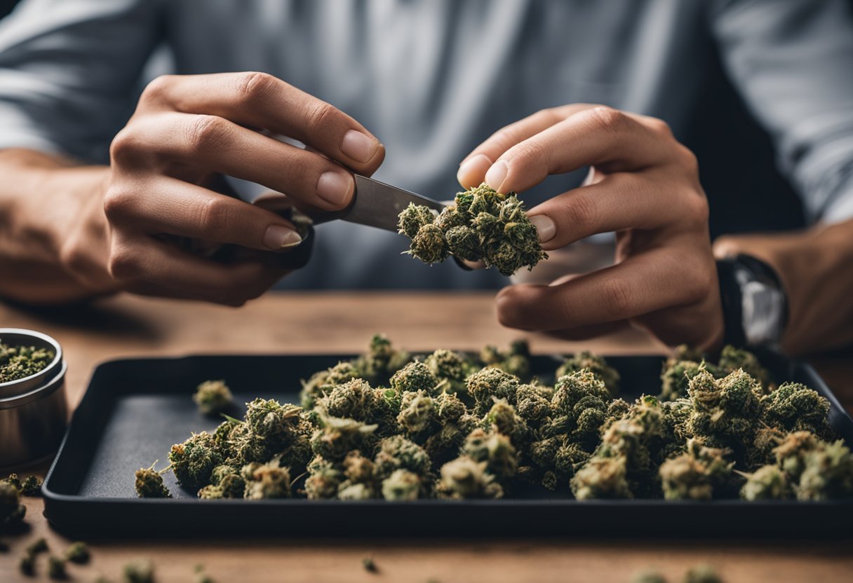 A hand holding rolling paper, surrounded by cannabis buds, a grinder, and a tray of ground marijuana