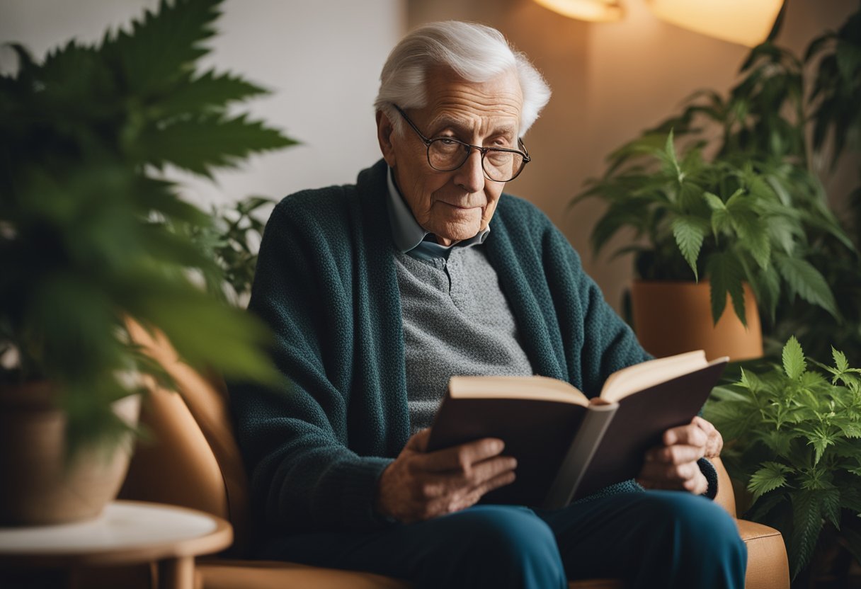 A serene elderly person in a cozy living room surrounded by plants, reading a book on cannabis usage. A warm, inviting atmosphere with soft lighting and comfortable furniture