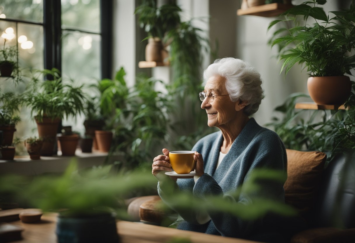 A serene elderly person enjoys a cup of cannabis-infused tea in a cozy living room, surrounded by plants and natural light