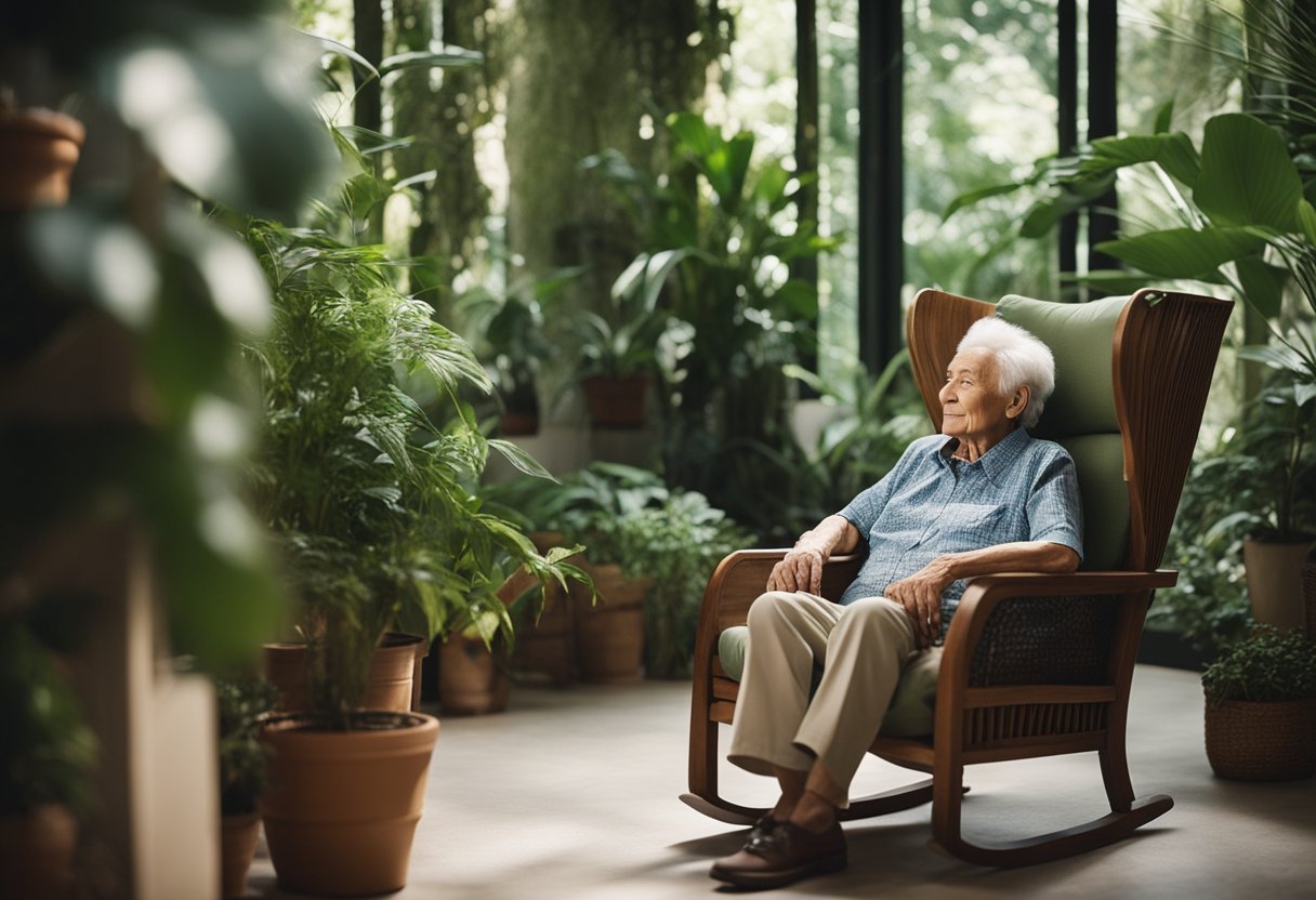 An elderly person sitting comfortably in a cozy chair, surrounded by plants and natural light, with a peaceful expression on their face
