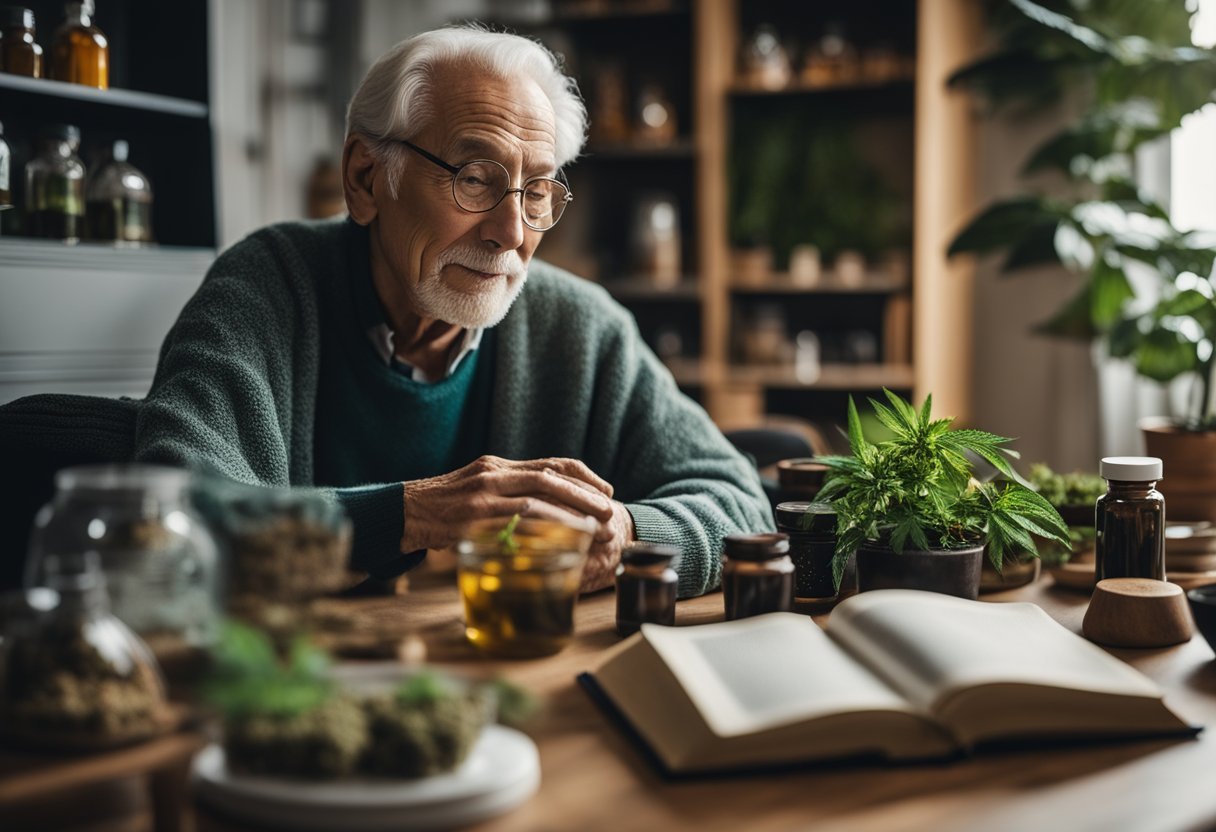 A serene senior sitting in a cozy living room, surrounded by various cannabis consumption methods such as edibles, tinctures, and vaporizers. A book on cannabis benefits is open on the table