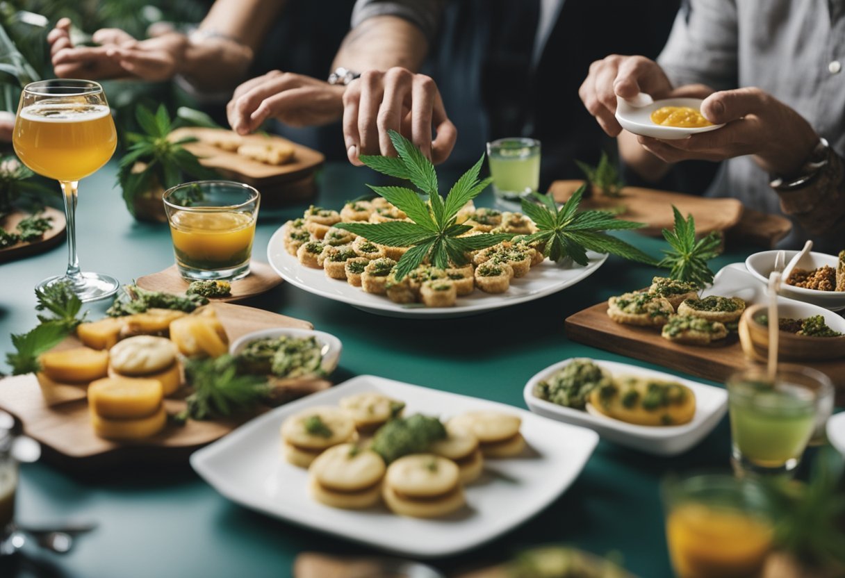 A table set with various cannabis-infused dishes and drinks, surrounded by a group of people sampling and discussing the flavors and effects