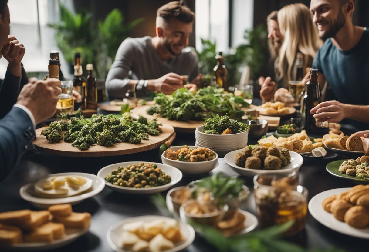 A table set with various cannabis-infused foods and drinks, surrounded by friends enjoying a tasting party