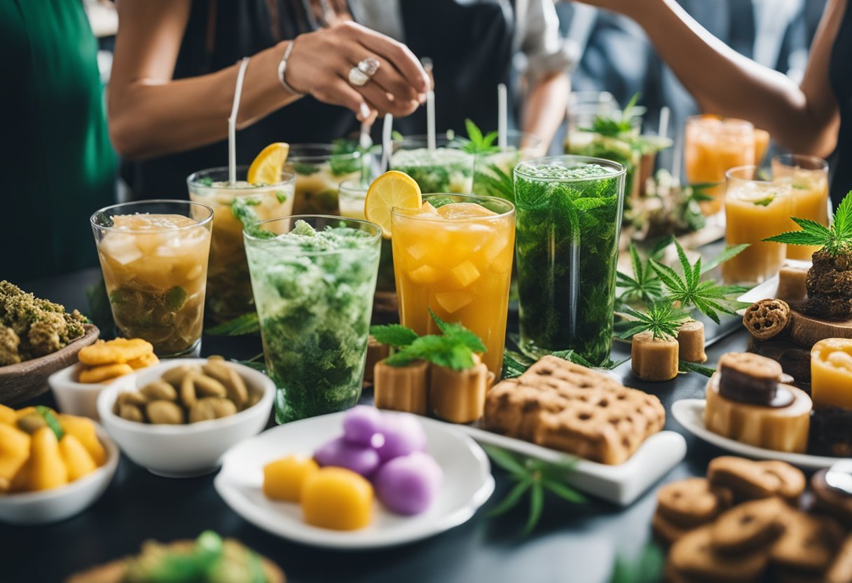 A colorful array of cannabis-infused treats and beverages displayed on a table, surrounded by eager guests sampling and enjoying the unique flavors