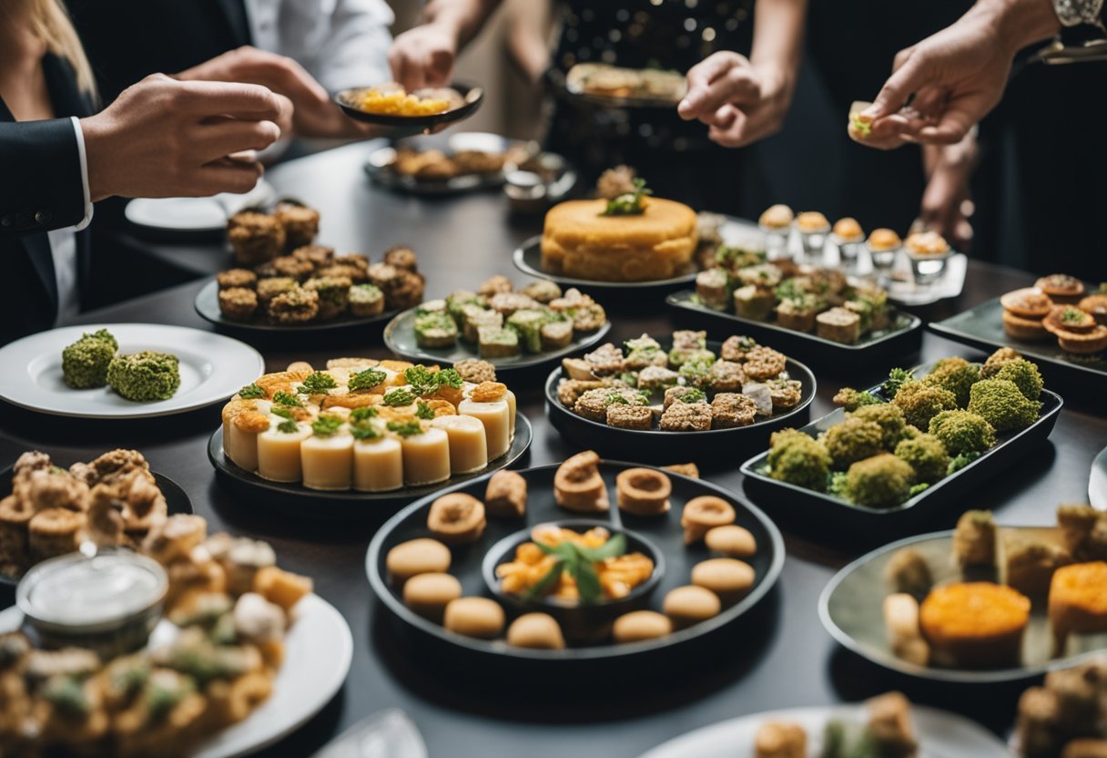 A table set with an array of gourmet dishes and cannabis-infused treats, surrounded by guests sampling and enjoying the flavors