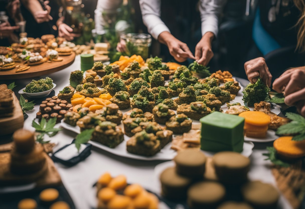 A table adorned with an array of colorful and decadent cannabis-infused edibles, surrounded by eager party guests sampling and savoring the unique flavors and effects