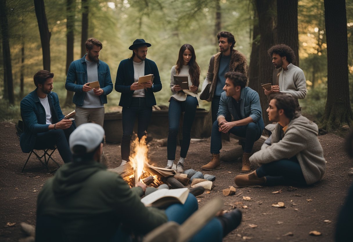A group of people gathered around a bonfire, discussing and debating the historical stigma surrounding cannabis. Books and educational materials are scattered on the ground