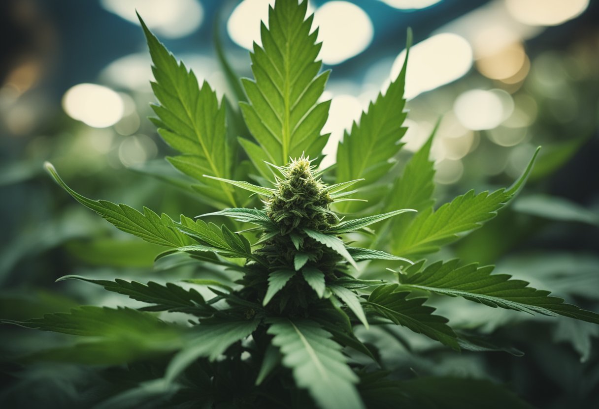 A cannabis plant surrounded by medical and educational symbols, breaking through a cloud of stigma and misconception