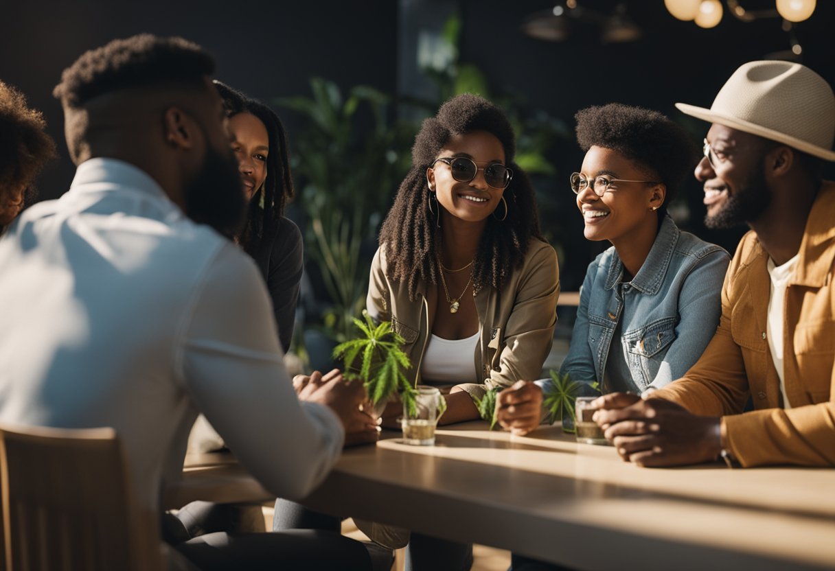 A group of diverse individuals engage in open and respectful discussion about cannabis, challenging stereotypes and sharing knowledge