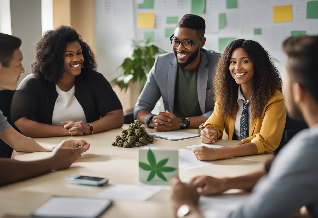 A classroom setting with a teacher educating a group of diverse individuals about cannabis, using visual aids and engaging discussion