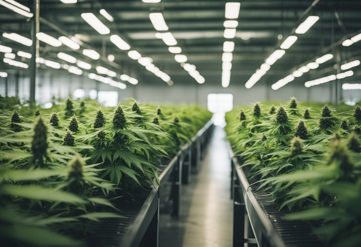A lush, expansive cannabis farm with rows of towering plants under a bright sun, surrounded by state-of-the-art equipment and workers tending to the crops