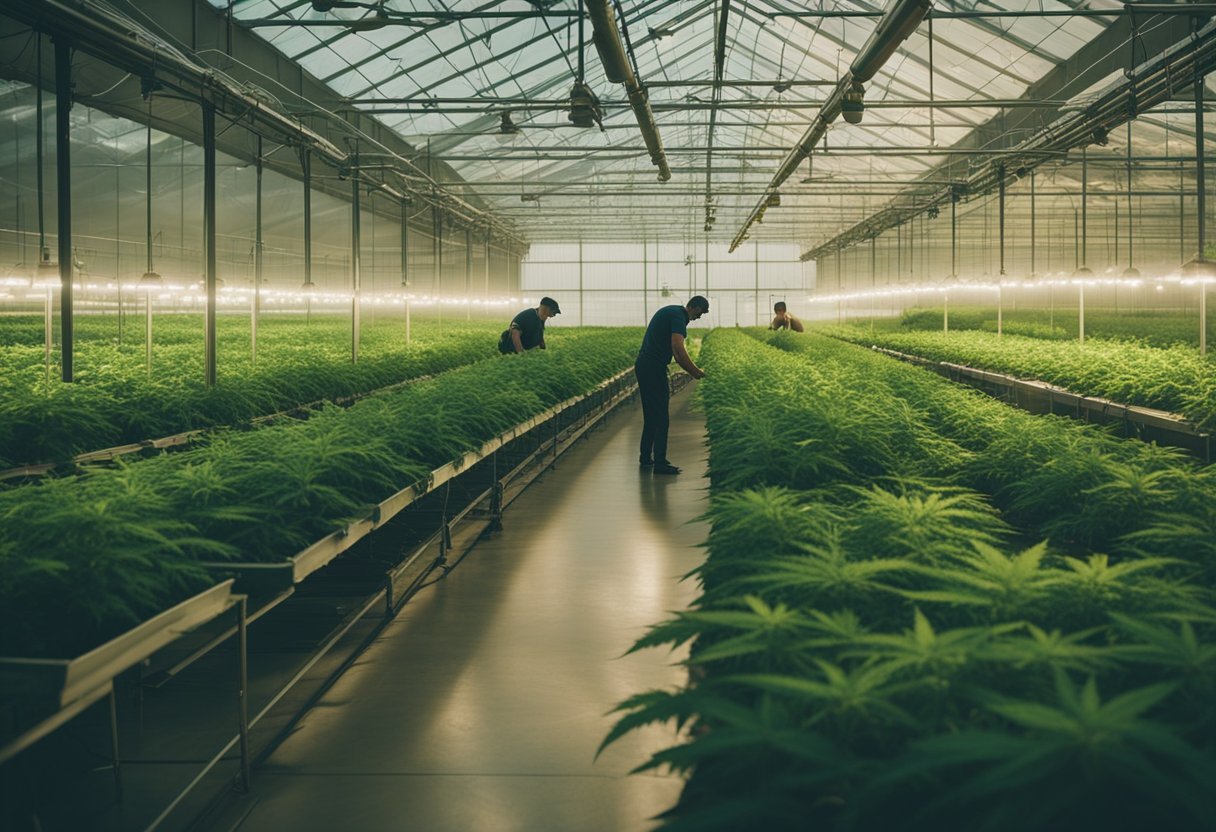 A greenhouse filled with rows of flourishing cannabis plants under bright grow lights, with workers tending to the plants and large-scale cultivation equipment in the background