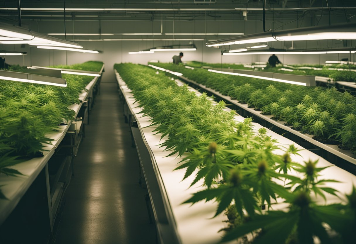 A sprawling cannabis grow operation with rows of mature plants under bright grow lights, workers tending to the crops, and sophisticated equipment for large-scale production