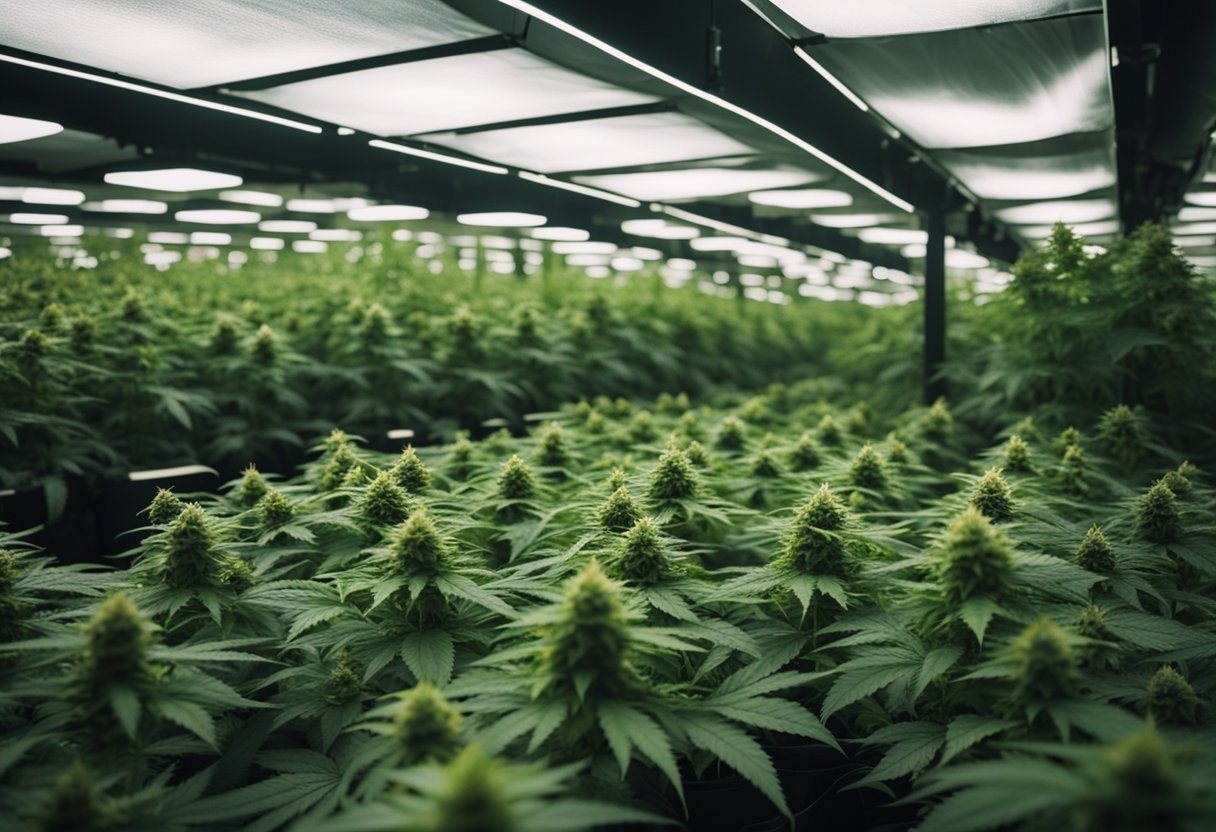 A sprawling cannabis farm transitions into a large-scale commercial operation, with rows of mature plants under the glow of artificial lighting