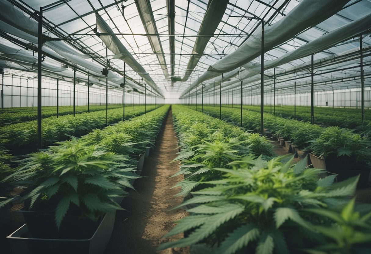 A large greenhouse filled with rows of thriving cannabis plants, workers tending to the crops, and advanced equipment for commercial production