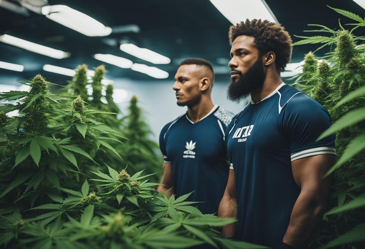 A football player and a mixed martial artist stand side by side, surrounded by medical equipment and cannabis plants, symbolizing the intersection of sports medicine and cannabis in professional athletics