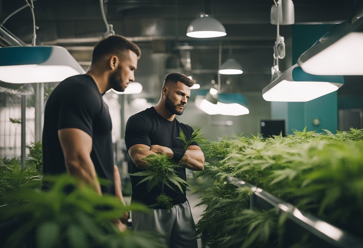 A football player and a mixed martial artist engage in a conversation surrounded by medical equipment and cannabis plants