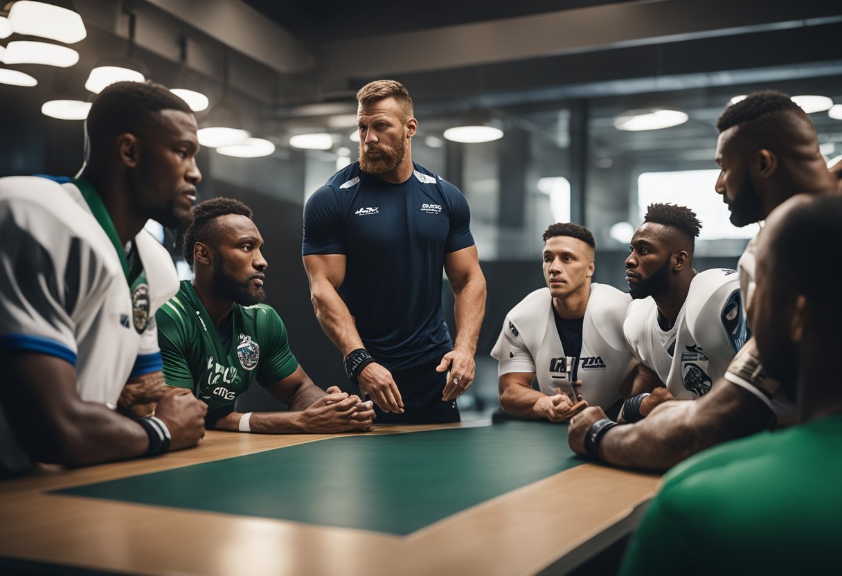 A group of athletes from various professional sports, such as football and mixed martial arts, discussing cannabis policy in a sports medicine setting