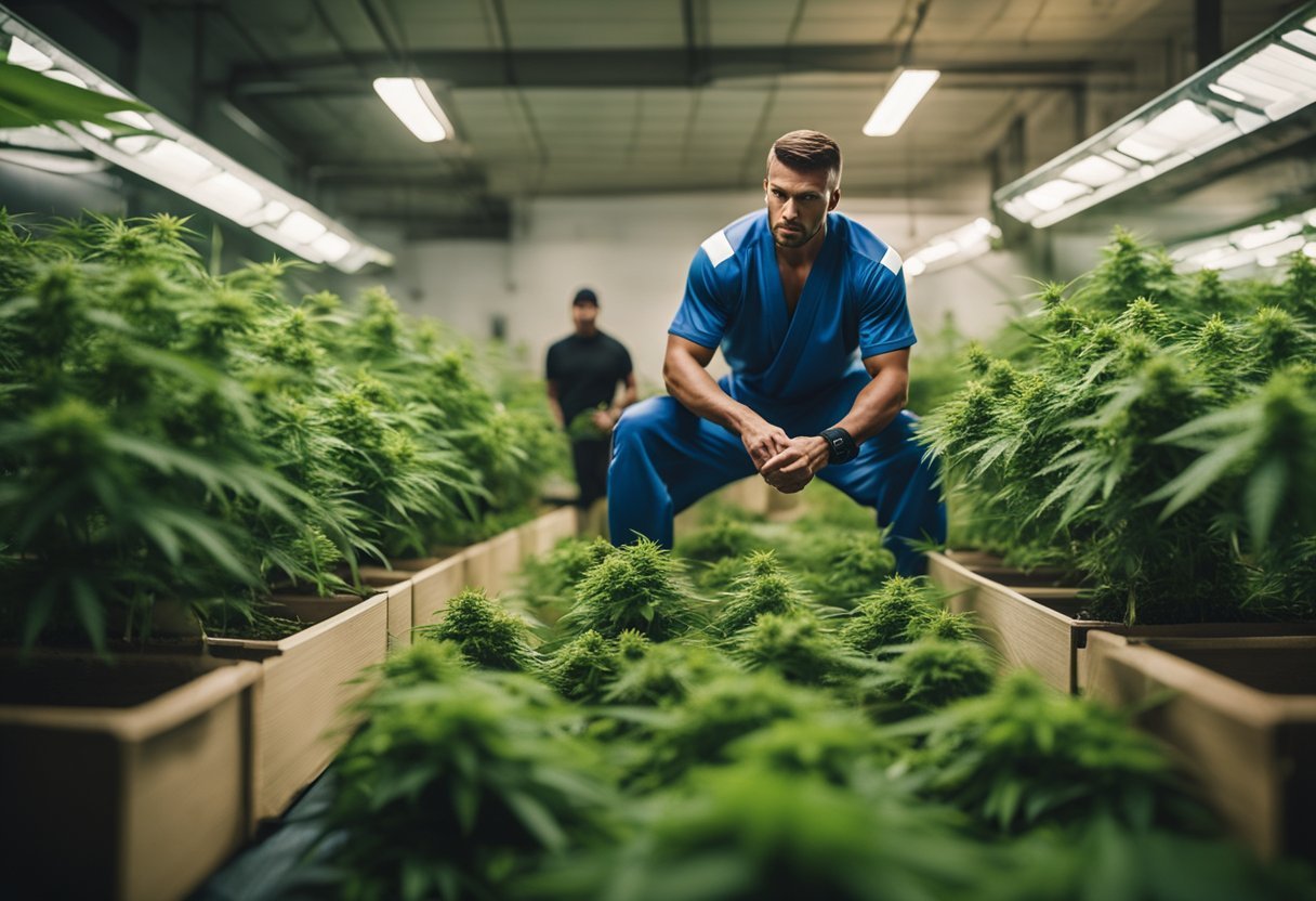 A football player and a mixed martial artist are shown in action, with cannabis plants in the background, representing the intersection of sports medicine and cannabis