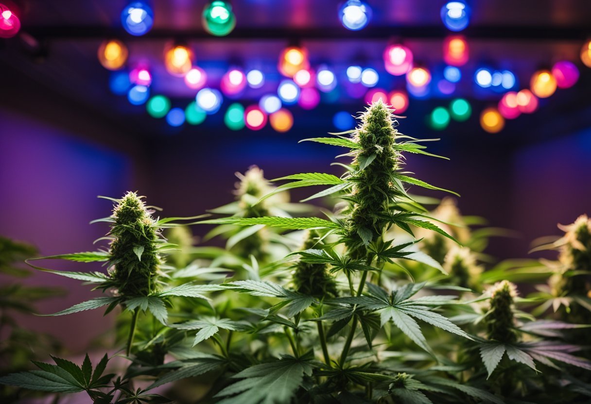A cannabis plant surrounded by three different types of grow lights (LED, HPS, CFL) shining down on it, casting different colored light on the leaves and buds
