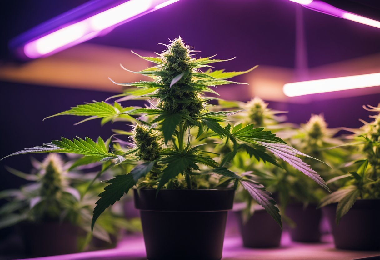 A cannabis plant surrounded by LED, HPS, and CFL grow lights, each emitting a different spectrum of light onto the plant