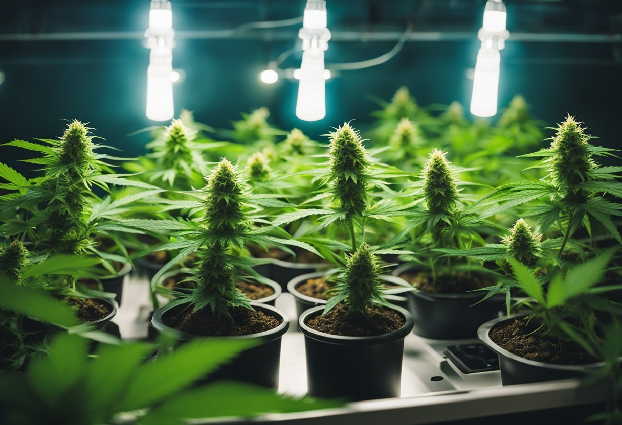 A cannabis plant surrounded by three different types of grow lights (LED, HPS, and CFL) illuminating the plant from above