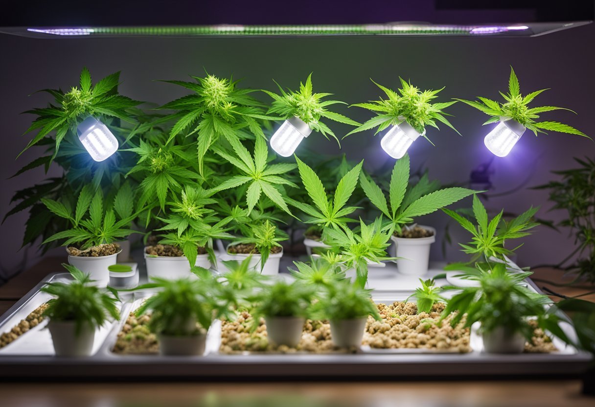 A cannabis plant growing under three different types of grow lights: LED, HPS, and CFL, with each light source clearly illuminating the plant