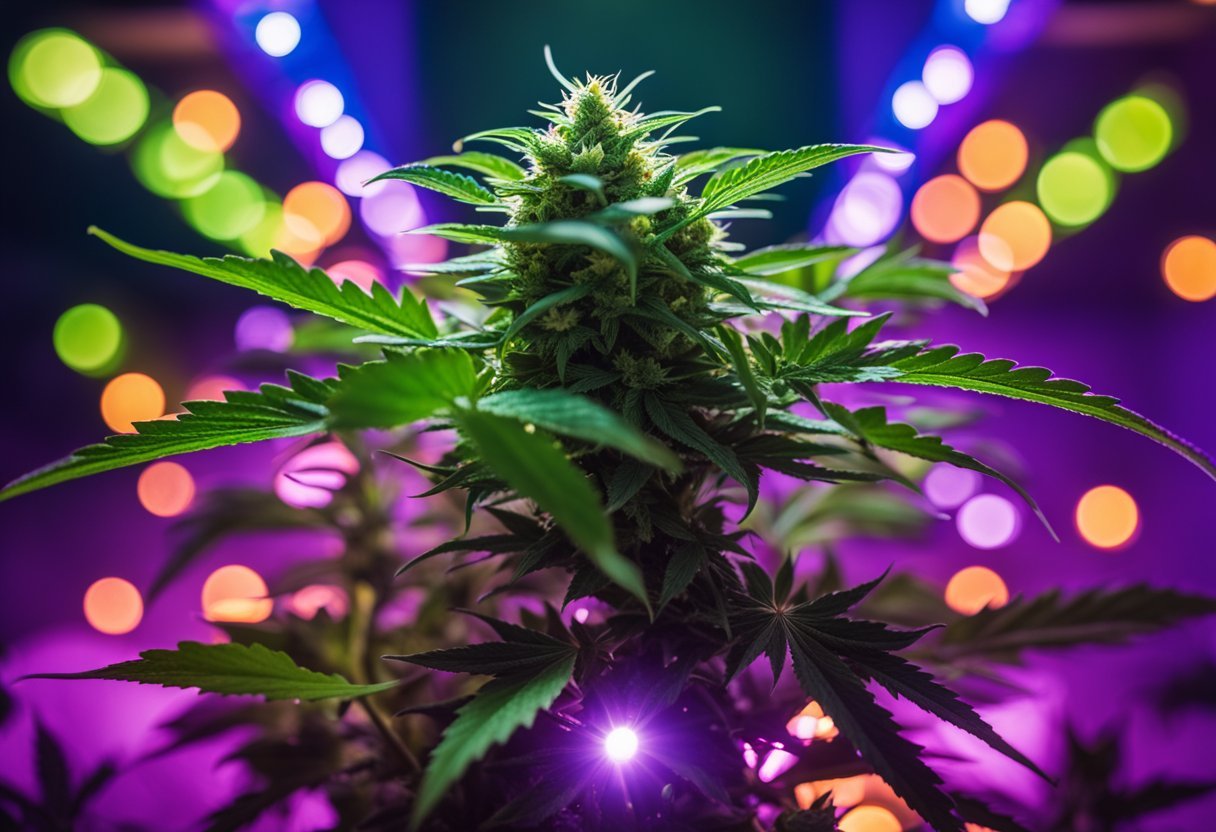 A cannabis plant surrounded by different types of grow lights, emitting different colors and intensities, with a comparison of LED, HPS, and CFL lights