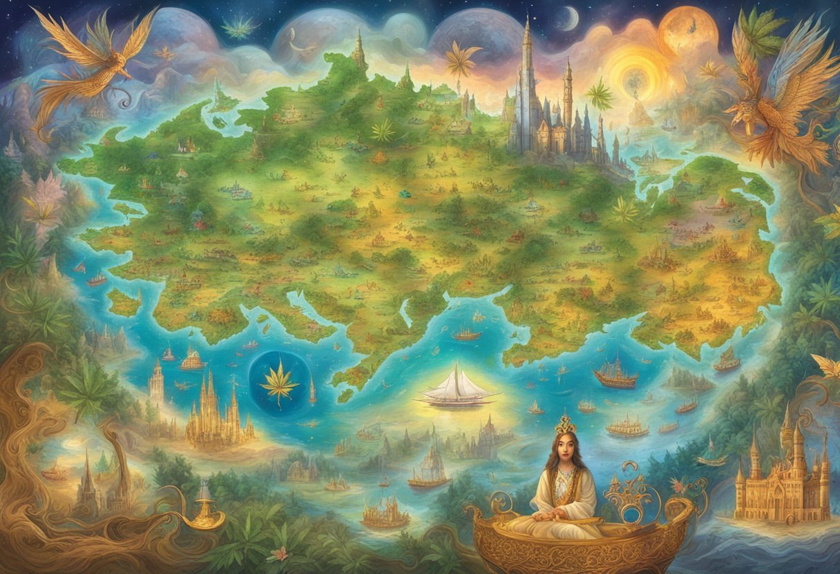 A world map with various countries highlighted, each with different cannabis legislation symbols and colors