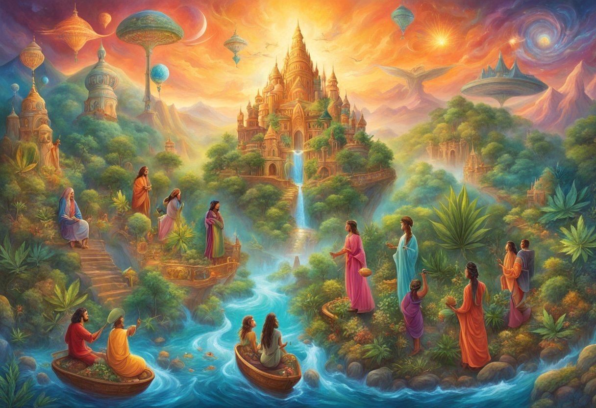 A diverse group of people around the world, representing different cultures and backgrounds, engaging in various activities related to cannabis production, distribution, and consumption