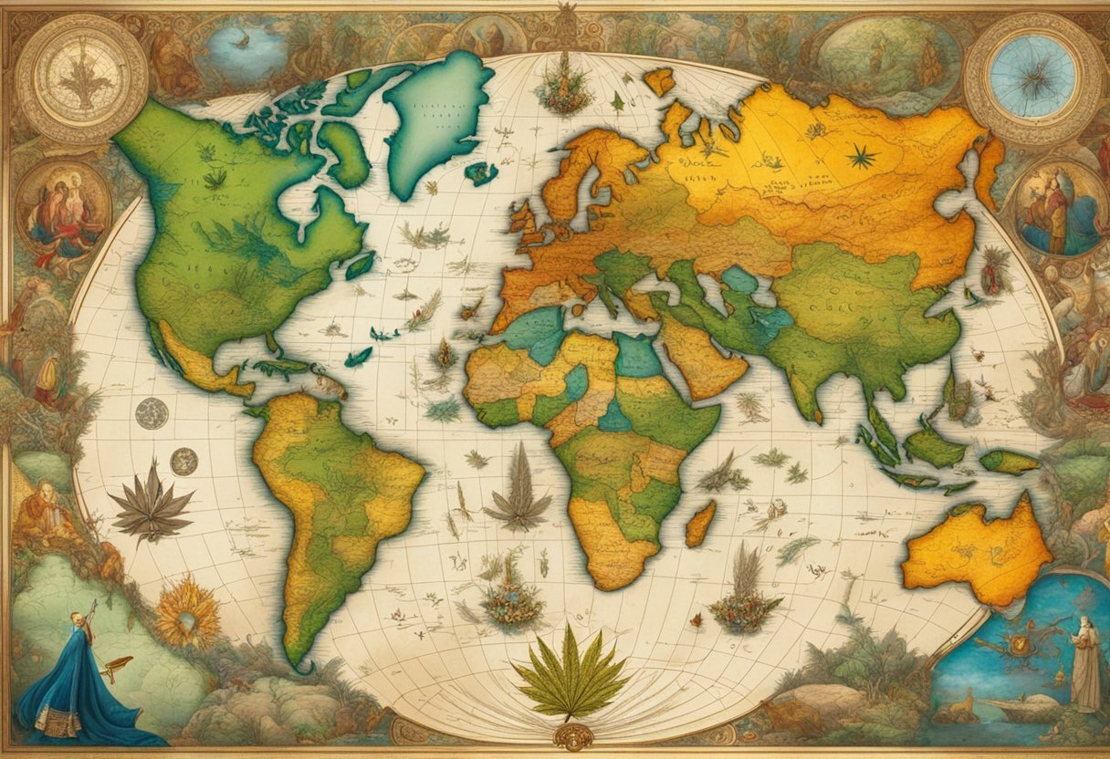 A world map with various countries highlighted, each with its own unique cannabis legislation, surrounded by symbols representing the evolution of laws and regulations